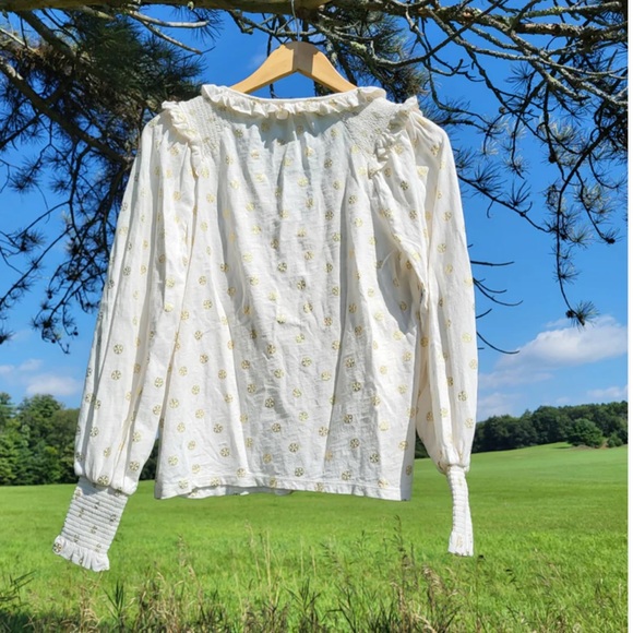 Boden Long Sleeve Smocked Balloon Sleeve Frilled Ruffle Gold Foil Peasant Top S - Picture 6 of 9